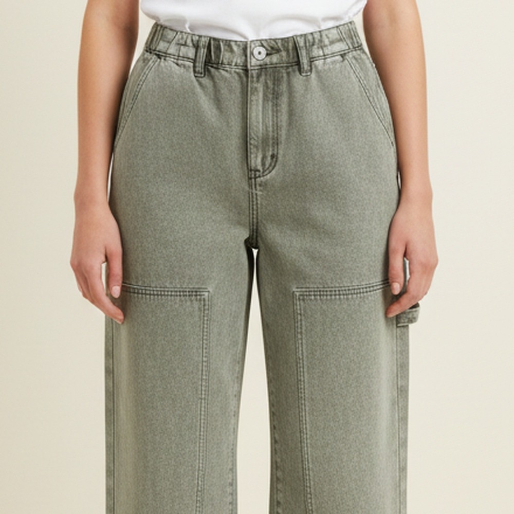 American Bazi NWT Olive Wash Barrel Leg Jeans Double Knee Drawstring Women S